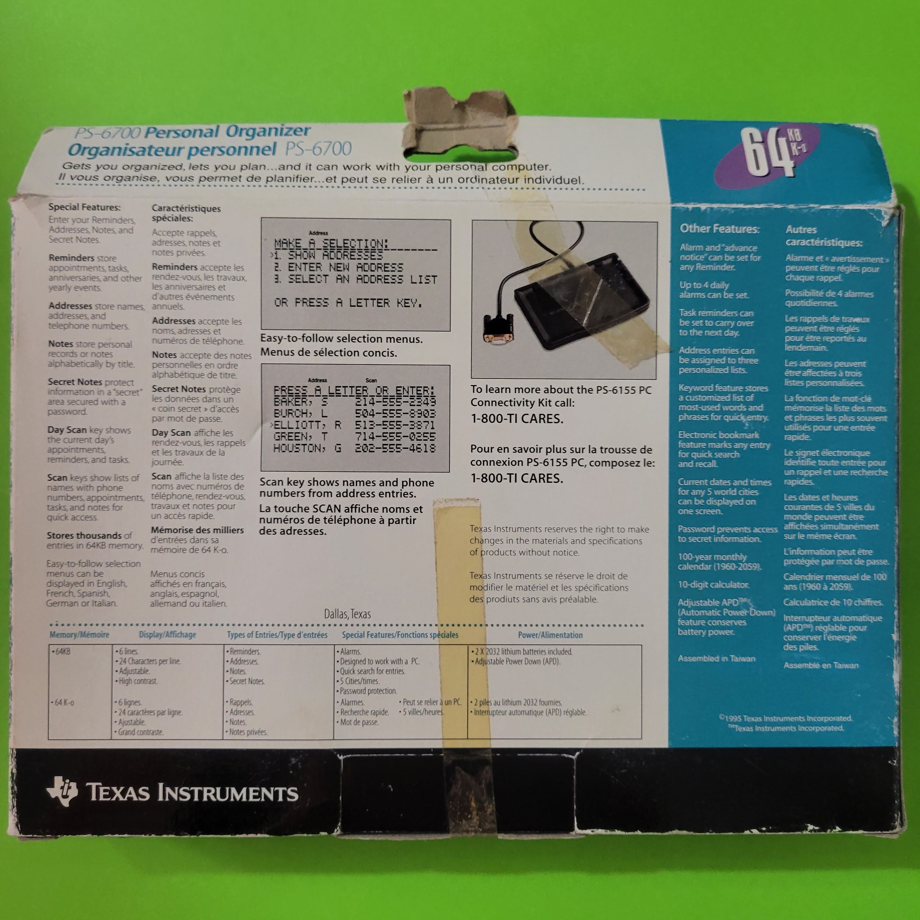 An image of the back of the box of a Texas Instruments PS-6700 personal organizer